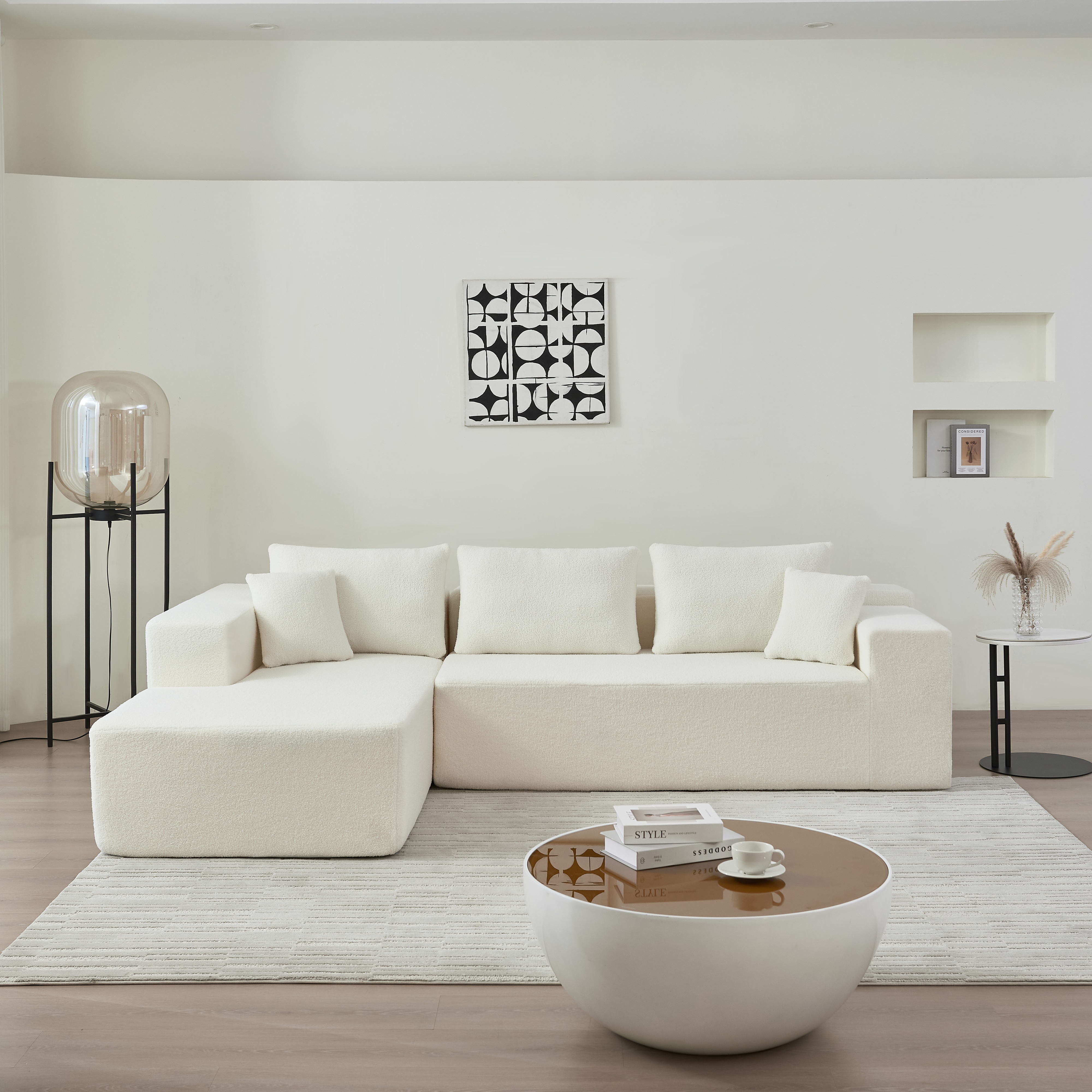 104.33" Sponge Sectional Sofa Couch for Living Room, L Shaped Modern Lamb Modular High Density Sponge Floor Sofa, Sherpa Fabric Sofa Couch with Chaise Lounge & Pillows, Upholstered Corner Cloud Couch 